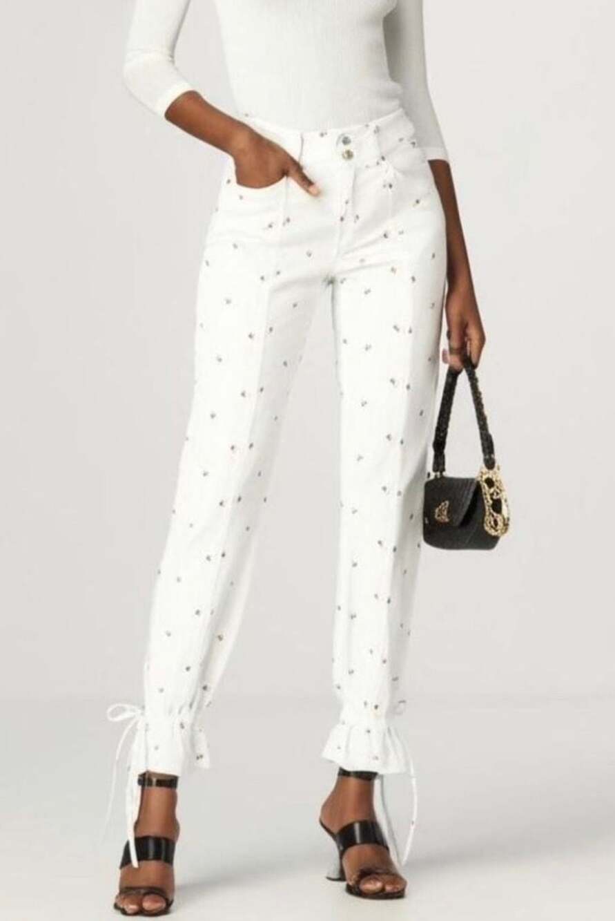 Something Navy Sylvia Denim Pants with Floral Embroidery and Tie Cuffs